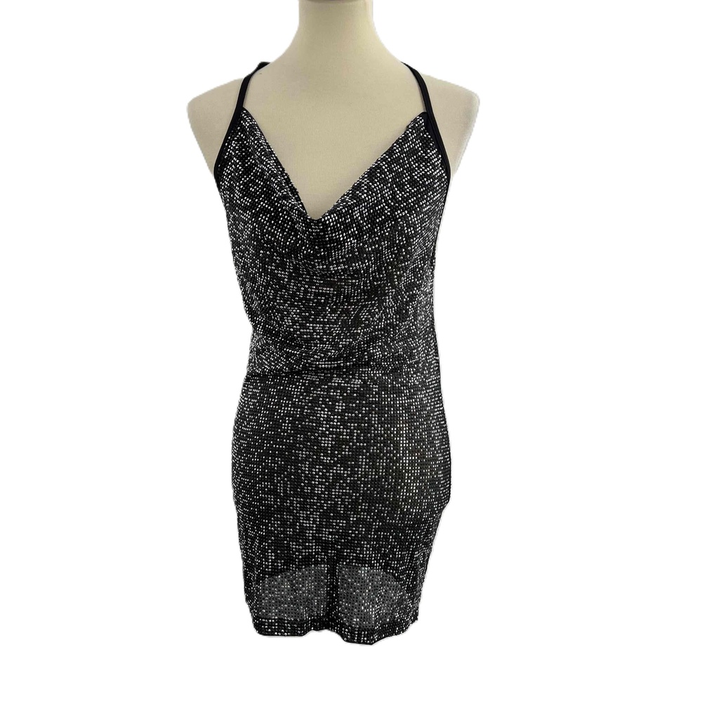 Kikiriki Elbise Mini Dress Black Silver Studded Halter Cowl Neck Size Large‎ New